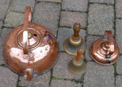 Large & small copper kettles & 2 school bells