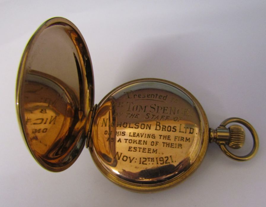 Elgin USA full hunter gold plated pocket watch with champagne dial, 'Presented to Mr Tom Spence by - Image 2 of 4