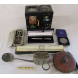 Various items inc ruler, Treble measuring tape, razor, Barclays Bank home safe, Oriental jewellery