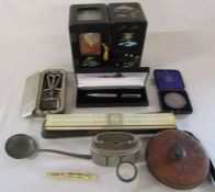 Various items inc ruler, Treble measuring tape, razor, Barclays Bank home safe, Oriental jewellery
