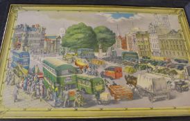 Large Phyllis Ginger (British 1907 - 2005) framed print depicting street scene