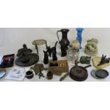 Box of various ceramics and collectables including wooden chess set, brass trivet, pair of cased