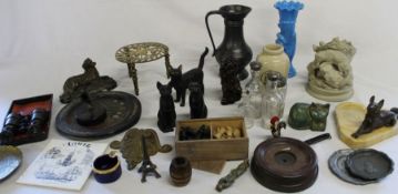 Box of various ceramics and collectables including wooden chess set, brass trivet, pair of cased