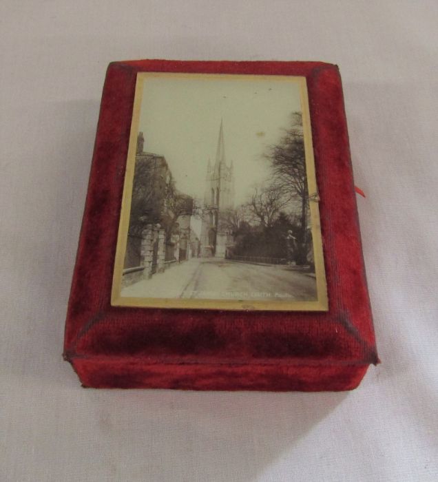 Early 20th century velvet jewellery casket with picture of St James church Louth 11 cm x 14.5 cm x