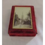 Early 20th century velvet jewellery casket with picture of St James church Louth 11 cm x 14.5 cm x