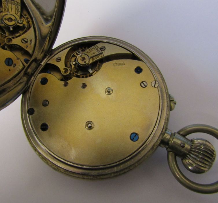Large nickel cased 8 day goliath pocket watch, movement by Hahn Landeron, features rare platform - Image 4 of 6