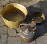 Brass jam pan, sauce pan & a copper kettle