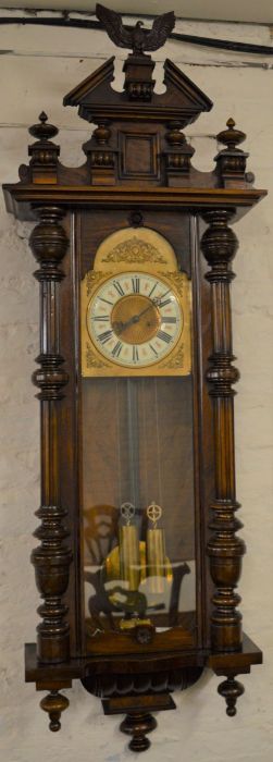 Ornate Gustav Becker Vienna wall clock with twin train weight driven mechanism & eagle pediment Ht