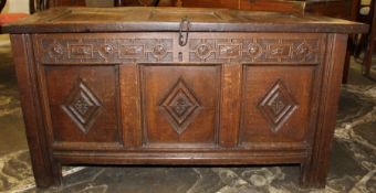 18th century oak coffer with carved panels & frieze