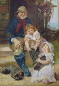 Gilt framed acrylic on board of a fisherman with 2 children signed D Sugden 49 cm x 67 cm (size