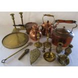 Various brass and copper inc kettles, candlesticks and tray