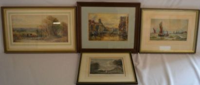 3 framed watercolours of a landscape, townscape with a river & a seascape with a 19th century