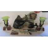 Large French Art Deco clock garniture with two spelter fishes (af - requires restoration) L 53 cm (