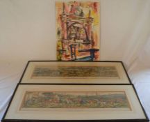 Unframed Colin Carr pen & ink of church sculptural memorial, 2 framed sporting prints The Death