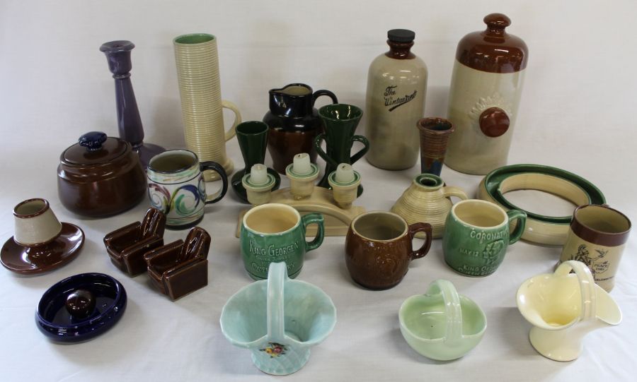 Quantity of Denby pottery including 2 stoneware hot water bottles, Peace 1919 tankard (hairline