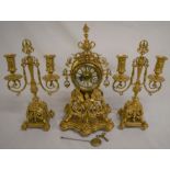 French gilded clock & candelabra garniture. Clock ht 44cm