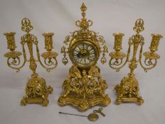 French gilded clock & candelabra garniture. Clock ht 44cm