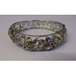 Silver semi precious stone set bangle, marked 925, 5.5 cm x 6 cm