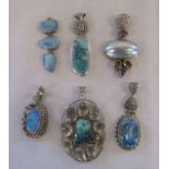 6 silver gemstone pendants (largest H 7 cm) total weight 4.04 ozt