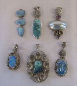 6 silver gemstone pendants (largest H 7 cm) total weight 4.04 ozt