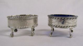 2 Georgian silver salts - one with blue liner - different patterns - weight 3.14ozt (without liner)
