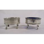 2 Georgian silver salts - one with blue liner - different patterns - weight 3.14ozt (without liner)