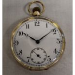 9ct gold open face keyless pocket watch with subsidiary seconds dial, case diameter 45mm, gross