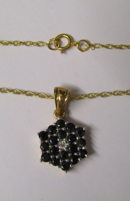 9ct gold chain with sapphire and diamond pendant - pendant measures approx. 11mm - chain length 46cm - Image 6 of 8
