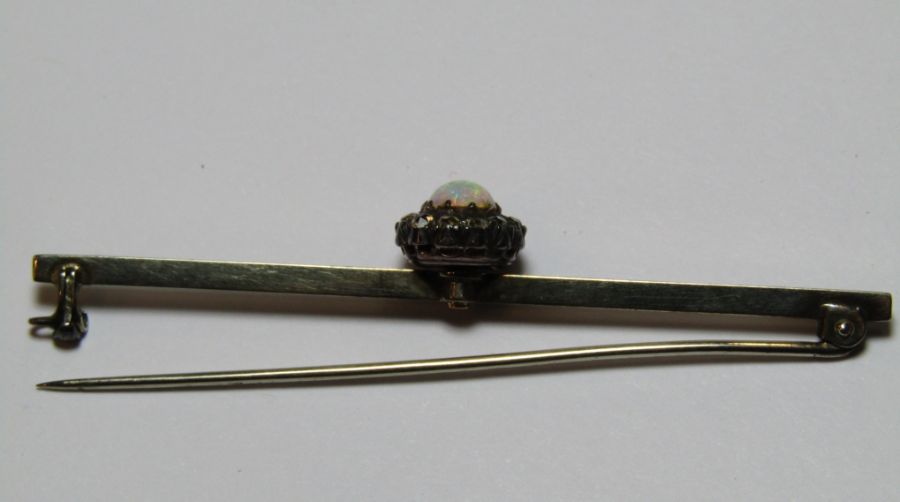 Tested as platinum bar brooch with opal and diamonds L 6.5 cm total weight 4.7 g - Image 8 of 9