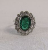 18ct white gold emerald and diamond cluster ring, diamond total 0.91ct emerald 1.4ct emerald 8mm x