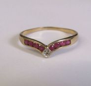 9ct gold ruby and diamond wishbone ring, size R, weight 1.2 g
