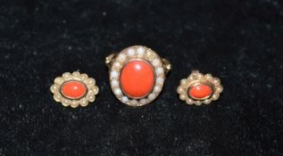 9ct gold coral & seed pearl dress ring (central coral 12mm by 10mm) with matching stud earrings (one