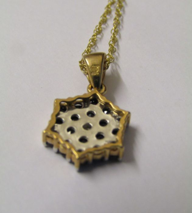 9ct gold chain with sapphire and diamond pendant - pendant measures approx. 11mm - chain length 46cm - Image 5 of 8