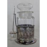 Cut glass pickle jar in silver mount with associated fork Birmingham 1930