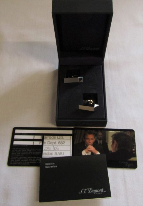Pair of boxed Dupont 007 Casino Royale James Bond silver cufflinks, complete with paperwork
