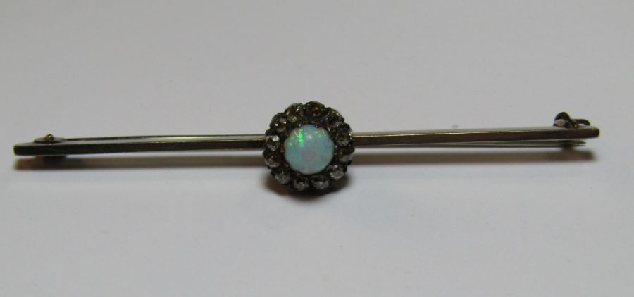 Tested as platinum bar brooch with opal and diamonds L 6.5 cm total weight 4.7 g - Image 3 of 9