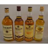Whisky: 2 bottles of Bells Extra Special Aged 8years, Teachers Highland Cream & Highland Stag