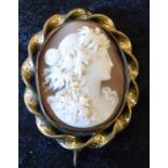 Cameo brooch depicting a lady in profile on a twisted yellow metal mount (loose)