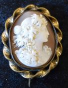 Cameo brooch depicting a lady in profile on a twisted yellow metal mount (loose)