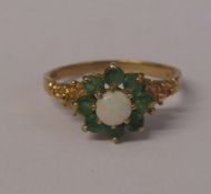 9ct gold emerald and opal cluster ring, size O, weight 2.1 g