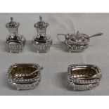 Early 20th century silver condiment set comprising 2 pepper pots, 2 salts, mustard with blue glass