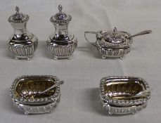 Early 20th century silver condiment set comprising 2 pepper pots, 2 salts, mustard with blue glass