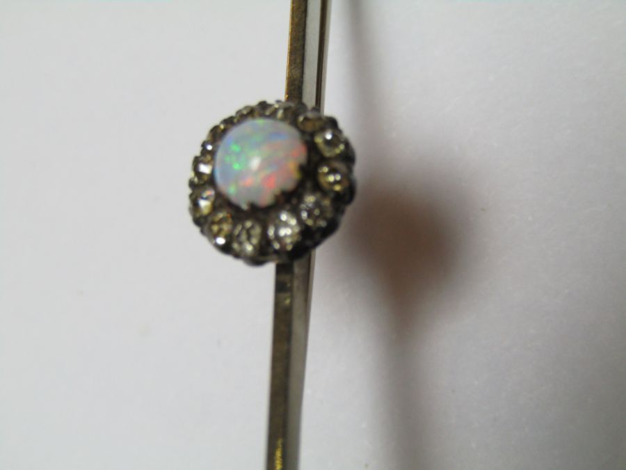 Tested as platinum bar brooch with opal and diamonds L 6.5 cm total weight 4.7 g - Image 7 of 9