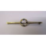 15ct gold sapphire and seed pearl bar brooch, L 5.5 cm, weight 2.8 g