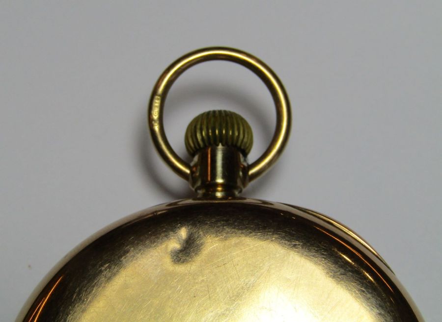 9ct gold open face keyless pocket watch with subsidiary seconds dial, case diameter 45mm, gross - Image 5 of 13