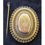 Tested as 9ct gold Victorian brooch with inset diamond 0.12ct (pin detached) 10.1g 4.5cm by 3.5cm