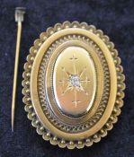 Tested as 9ct gold Victorian brooch with inset diamond 0.12ct (pin detached) 10.1g 4.5cm by 3.5cm
