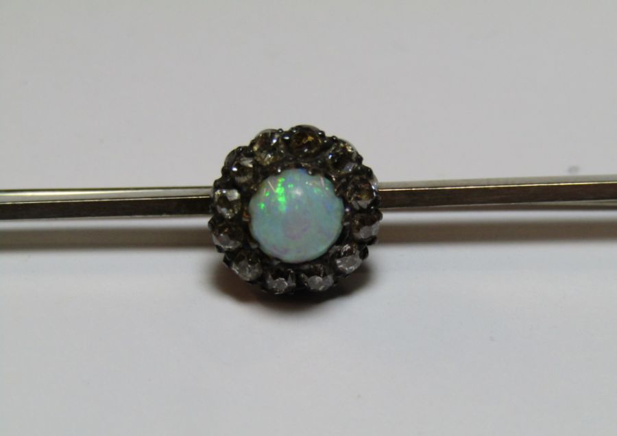 Tested as platinum bar brooch with opal and diamonds L 6.5 cm total weight 4.7 g - Image 4 of 9