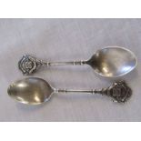 2 silver teaspoons - Robert Pringle 1947 with a rifle and target design - total weight 0.95ozt