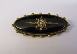 Tested as possibly 15ct gold black enamel and seed pearl mourning brooch with hair detail to reverse